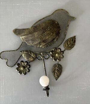 Vintage Metal Bird Wall Hook Rustic Floral Coat Key Hook w Ceramic Knob NOS